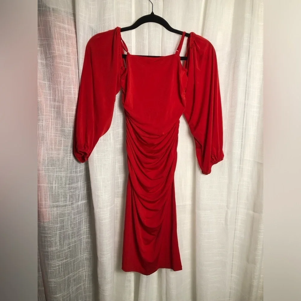 VENUS Red Draped Puff Long Sleeve Dress Small NWOT